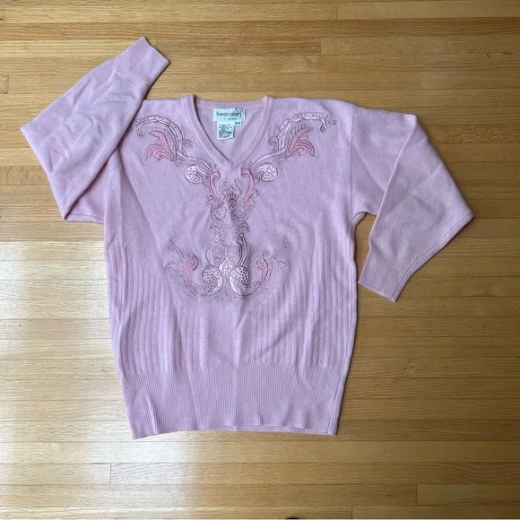 FRANCO VALERI Pink embroidered lambswool Angora blend sweater - Vintage - Picture 7 of 7